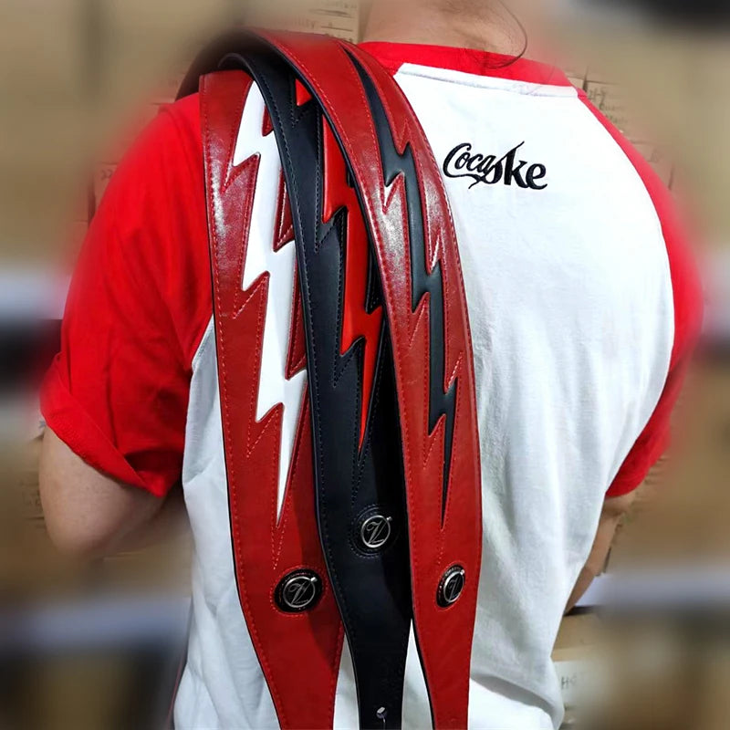 Red Black White PU Leather Guitar Strap Cool Lightning Comfortable Strap for Acoustic Electric Bass Adjustable Length
