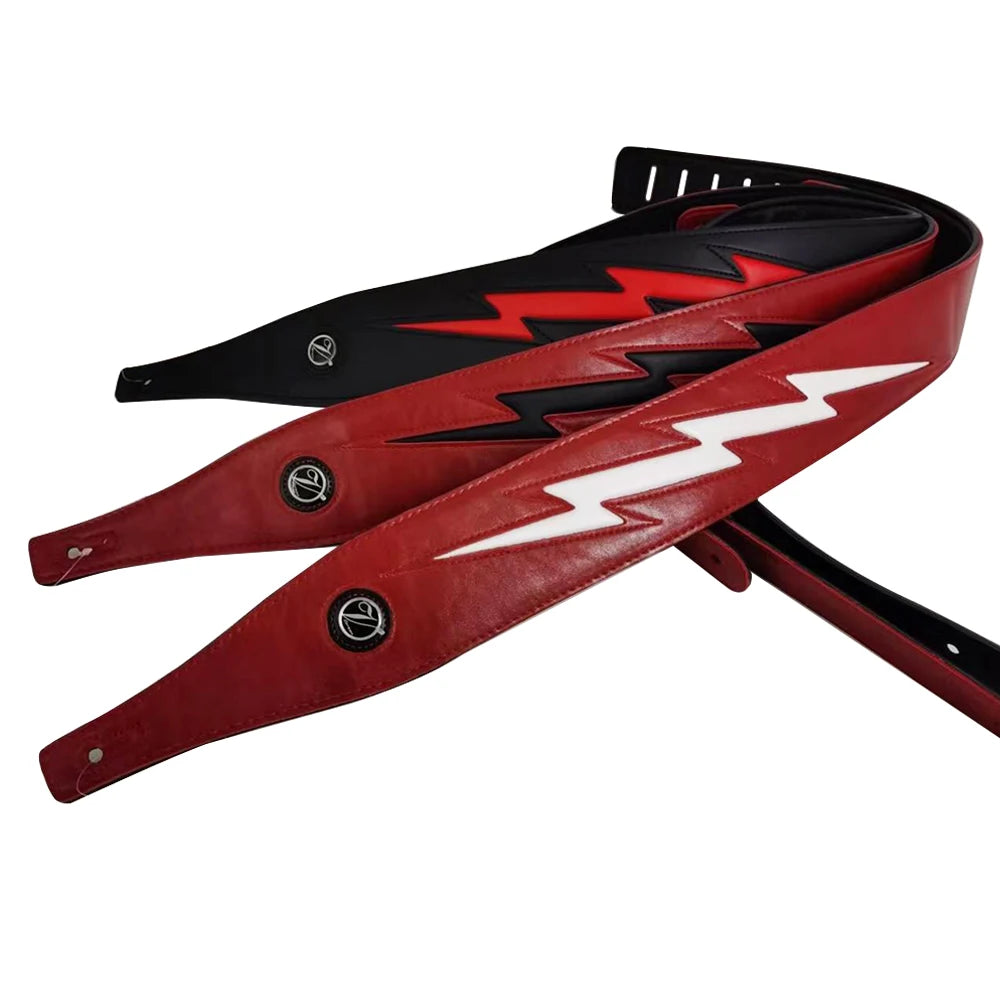 Red Black White PU Leather Guitar Strap Cool Lightning Comfortable Strap for Acoustic Electric Bass Adjustable Length