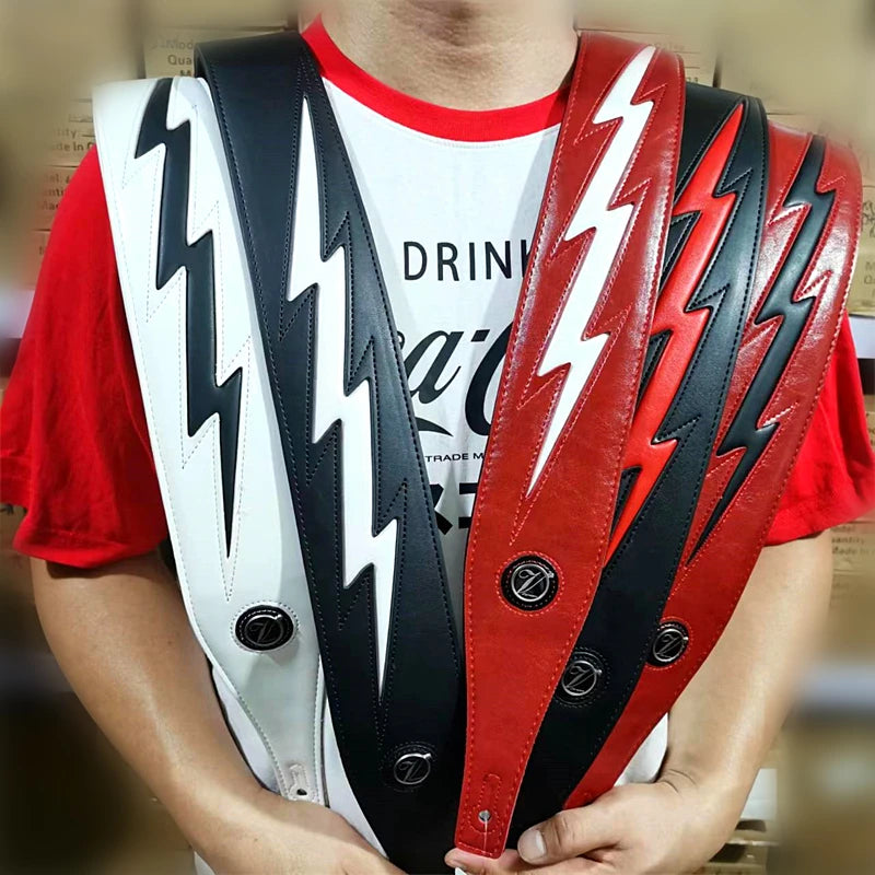 Red Black White PU Leather Guitar Strap Cool Lightning Comfortable Strap for Acoustic Electric Bass Adjustable Length